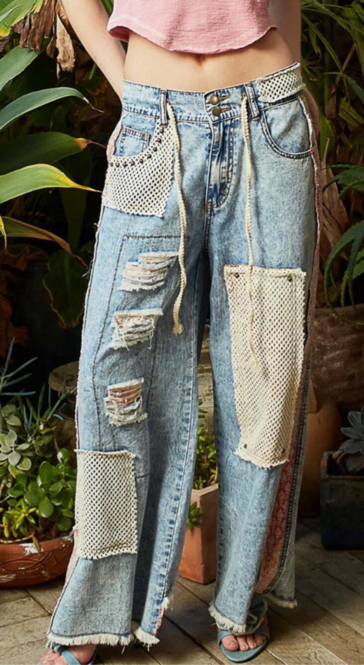POL Light Wash Lace Patchwork Wide Leg Jeans L NIB - Boho Lacey